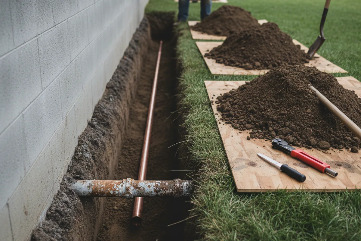 Excavated water line trench during Sewer Line Repair in Epping